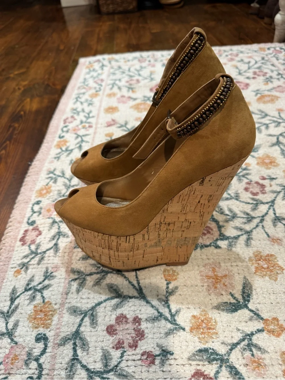 Wild Pair Tan Suede (Leather)& Cork Wedge Peep-Toe Heels with Beaded Ankle Strap
